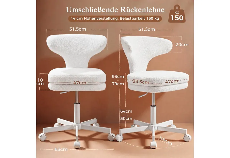 COMHOMA Bürostuhl Homeoffice Stuhl Schminkstuhl mit Rollen, Drehstuhl, mit Umschließender Rückenlehne und Zweilagiges Sitzkissen, Weiß, – Produktbild 5 von 5