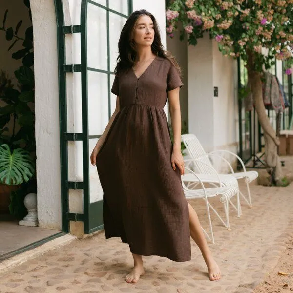 NORDLICHT NORDLICHT Musselin Kleid Alma Lang aus 100% Bio-Baumwolle, Braun, – Produktbild 1 von 4
