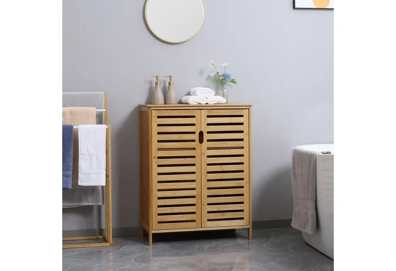 kleankin kleankin Badkommode Badezimmerschrank, Badschrank (Beistellschrank mit 2 Lamellentüren, Innenregalen, 1 St., Bambus Aufbewahrungsschrank für Badezimmer), 68 x 32 x 86 cm, Beige, – Produktbild 2 von 5