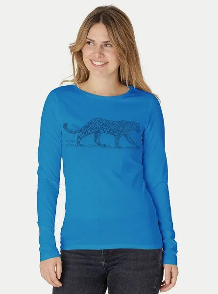Peaces.bio - handbedruckte Biomode Peaces.bio - handbedruckte Biomode Bio-Damen-Langarmshirt Leopard, Türkis, – Produktbild 1 von 2