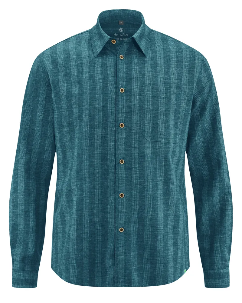 HempAge Hempage Herren vegan Gestreiftes Freizeithemd In Blaugrün, Blau, – Produktbild 1 von 2