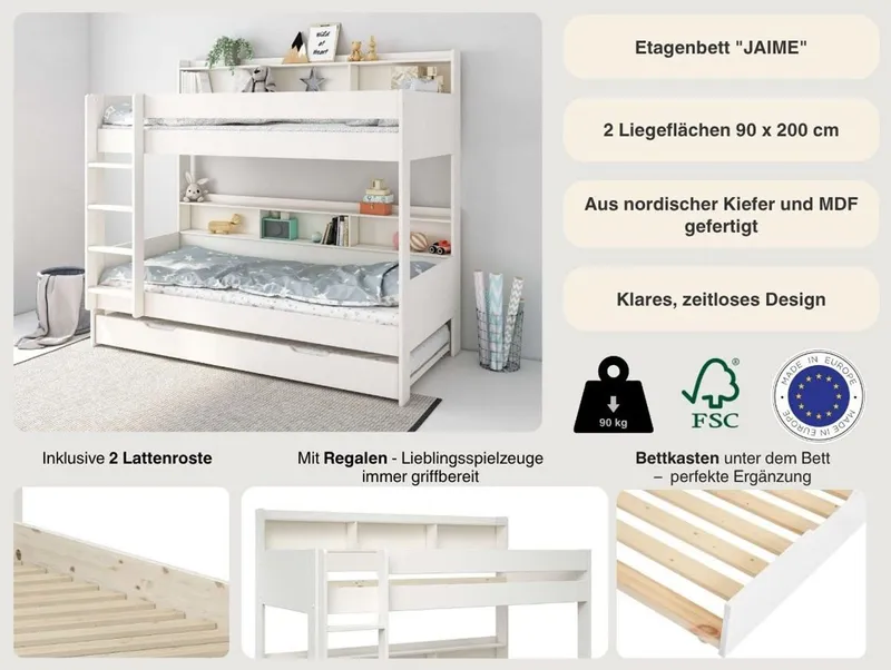 OTTO home Etagenbett JAIME, Stockbett, Leiter links oder rechts montierbar (ca. 186x115x204 Höhe/Breite/Länge), FSC® zertifiziertes Massivholz, viel Stauraum und Abstellfläche, Weiß, – Produktbild 3 von 5