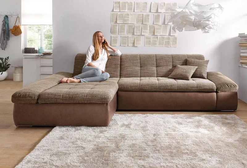 DOMO collection Ecksofa MORIC 300x172 cm, XXL-Sofa mit viel Platz, L-Form, auch in Cord, wahlweise mit Bettfunktion und Armteilverstellung, Beige|braun, – Produktbild 6 von 8