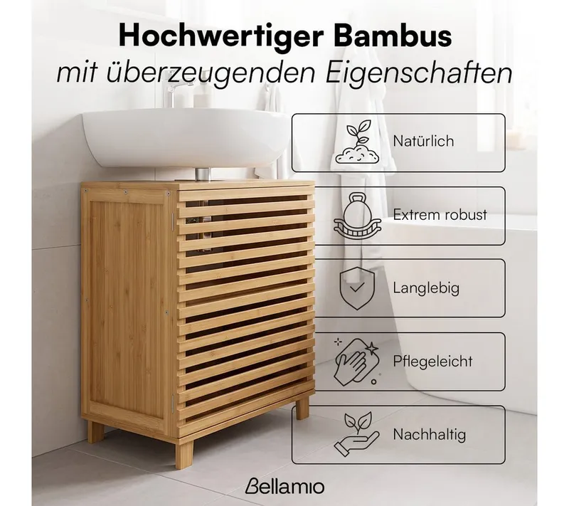 Bellamio Waschbeckenunterschrank Newa, Badezimmerschrank mit zwei Ablagefächern (mit Flügeltüren, 1-St) aus natürlichem Bambus, robst und langlebig, Braun, – Produktbild 6 von 8