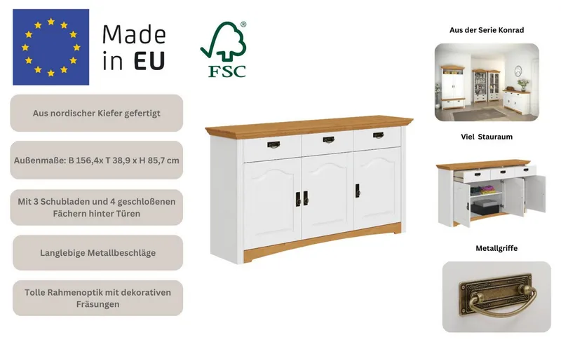 OTTO home Kommode Konrad, aus massiver Kiefer, Breite 156 cm, mit Schubladen, FSC®, Weiß, – Produktbild 3 von 5