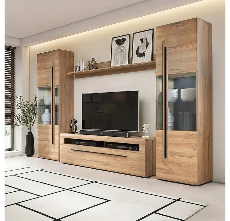 Lomadox Wohnwand TURDA-83, (4-St., Couchtisch Highboard Lowboard Sideboard Vitrine Wandregal), Eiche braun Metallgriffe inkl. LED Beleuchtung Softclose-Türen modern, Braun, – Produktbild 1 von 5