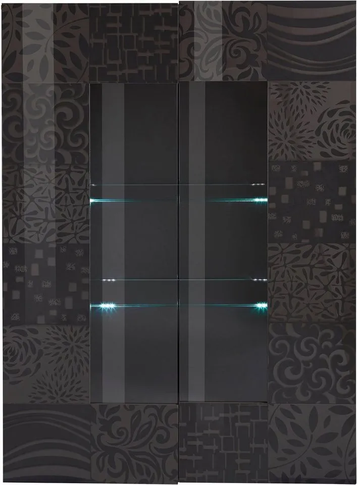 Home affaire Vitrine Miro Stauraumvitrine, Höhe 166 cm mit dekorativem Siebdruck, Grau, – Produktbild 3 von 5