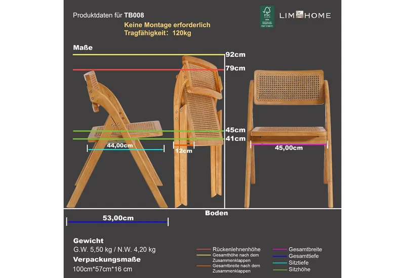LIM HOME Klappstuhl Massivholz Rattan (Packung, 1 St), Gestell aus Massiveholz FSC®, Sitzfläche aus Rattan, Gelb, – Produktbild 3 von 5