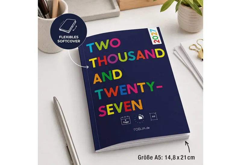 TOBJA Buchkalender Praxisplaner 2027 A5 Blue Pop Terminplaner 15 Min Takt FSC Friseur, 15-Min-Takt 7-21 Uhr, A5, 1 Woche 2 Seiten, FSC-Papier, Pop-Design, Schwarz, – Produktbild 3 von 5