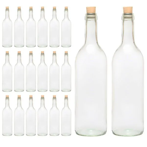 mikken mikken Glasflasche 0,75 L mit Korken – Weinflasche / Ölflasche inkl. Etiketten – in Klar- oder Grünglas, Transparent, – Produktbild 1 von 3