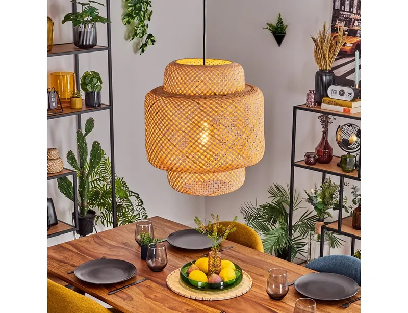 hofstein Hängeleuchte Hängelampe aus Metall/Bambus in Schwarz/Natur im Boho-Design, Hängeleuchte mit Schirm in Gitter-Optik (45cm), Höhe max. 146cm, E27, Schwarz, – Produktbild 2 von 4