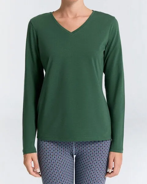 Leela Cotton Leela Cotton Damen V-Neck Langarmshirt, Tannennadel, – Produktbild 1 von 5