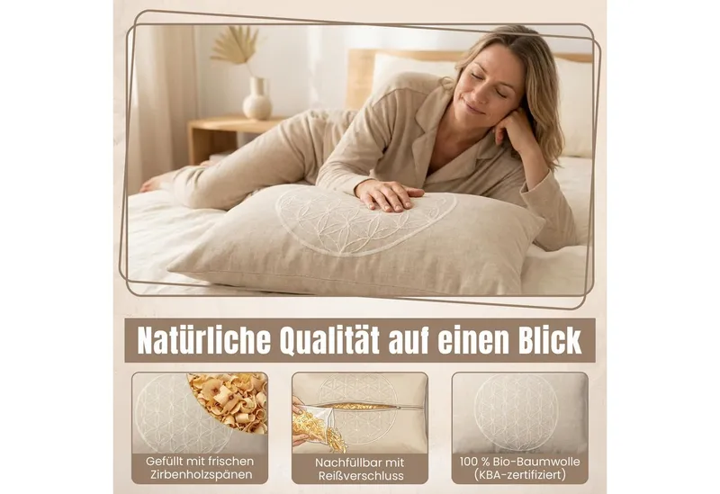 geborgenschlafen Zirbenkissen Blume des Lebens – Dekokissen mit Zirbenspänen – Bio Baumwolle, Deutsche Handfertigung - Nachhaltige Forstwirtschaft – Produktbild 4 von 5