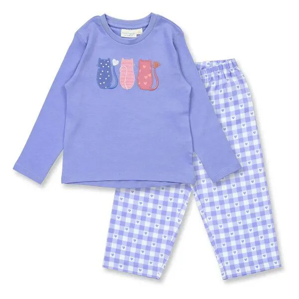 Sense Organics Sense Organics Kinder Schlafanzug mit Hose aus Webstoff, Blau mit katzen-applikation / blau-weiß kariert, – Produktbild 1 von 4