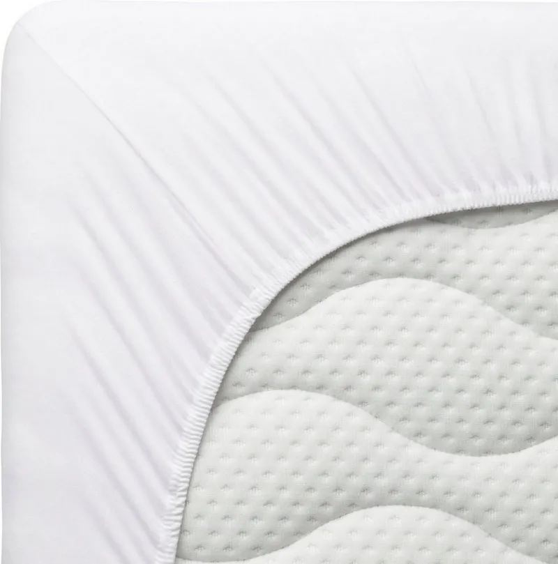 Schlafgut Schlafgut Spannbettlaken PREMIUM Mako-Zwirn-Jersey, 220 g/m², 95% Bio-Baumwolle, 5% Elasthan, Mako-Zwirn-Jersey, Gummizug: rundum, (1 Stück), Bettlaken bis 30 cm Höhe, PREMIUM-Qualität langlebig, perfekter Sitz, Weiß, – Produktbild 4 von 5