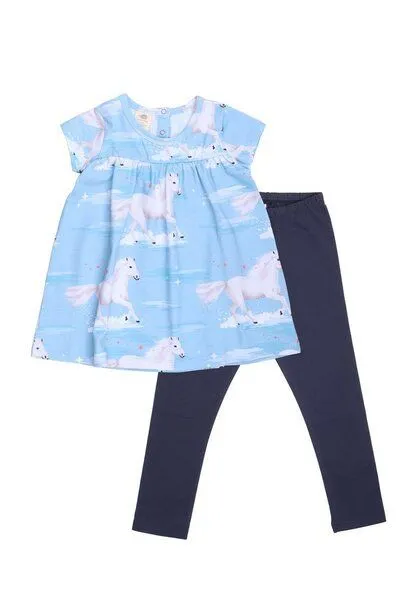Walkiddy Baby Kleid Set GOTS zertifiziert, 95% Bio-Baumwolle, hellblau, Pferde-Muster „White Horses“, Kurzarm + Leggings – Walkiddy – Produktbild 2 von 3