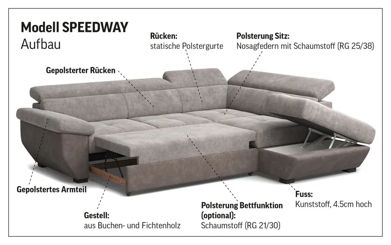 COTTA Ecksofa Speedway L-Form, B: 262cm, moderne Couch, bequeme Wellenunterfederung, Kopfteilverstellung, optional Schlaffunktion & Bettkasten, Grau, – Produktbild 8 von 8