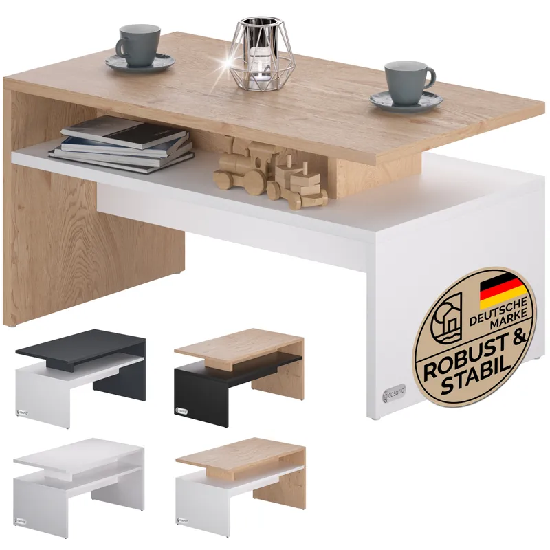 Casaria® Couchtisch Sacramento Weiß/Eiche 95x55x50cm, Mehrfarbig, – Produktbild 2 von 2