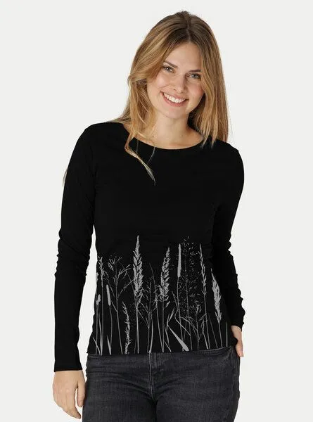 Peaces.bio - handbedruckte Biomode Peaces.bio - handbedruckte Biomode Bio-Damen-Langarmshirt Gräservielfalt, Schwarz, – Produktbild 1 von 2