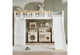 Merax Hochbett mit vierseitigem Muster-Zaun (Etagenbett Jugendbett Einzelbett Kieferholzbett, 1-St) Kinderbett 90x200cm mit Kleiderschrank Rutsche Ablageschrank Leiter – Produktbild 1 von 1