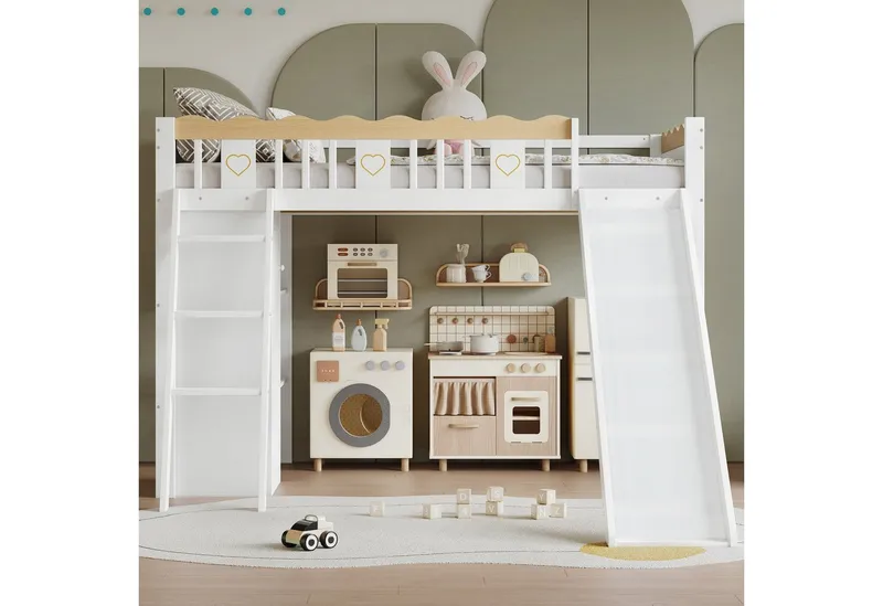 Merax Hochbett mit vierseitigem Muster-Zaun (Etagenbett Jugendbett Einzelbett Kieferholzbett, 1-St) Kinderbett 90x200cm mit Kleiderschrank Rutsche Ablageschrank Leiter, Weiß, – Produktbild 1 von 4