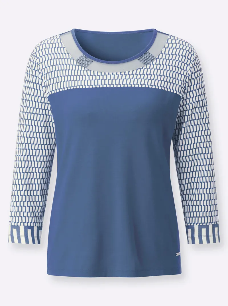 Witt 3/4-Arm-Shirt jeansblau-ecru-bedruckt, Jeansblau-ecru-bedruckt, – Produktbild 2 von 2