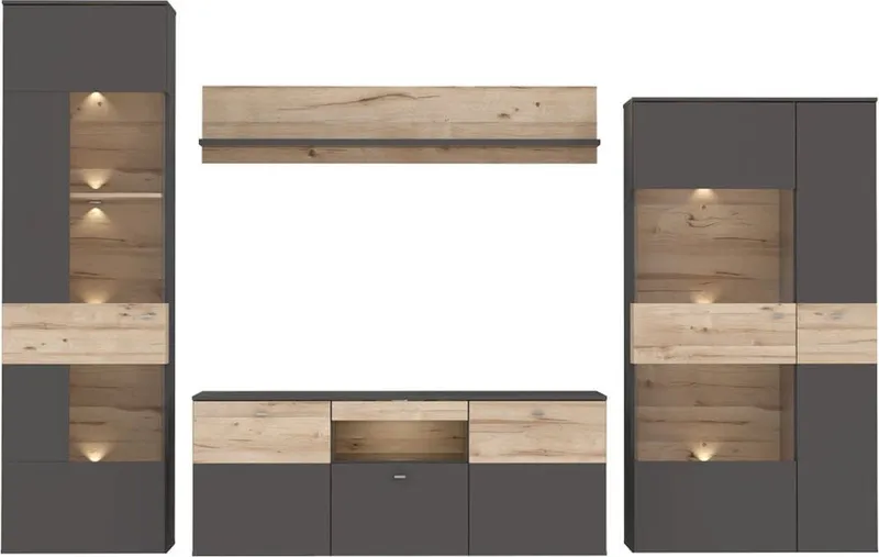 FORTE Wohnwand Como, (4-St., 2x Vitrinen, 1x Lowboard, 1x Wandregal), Korpus und Front matt, Grau, – Produktbild 4 von 5