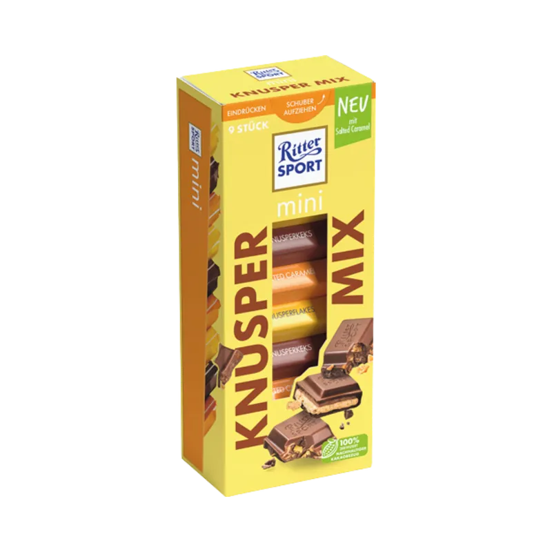Ritter Sport Ritter Sport Mini Knusper Mix, 3 Sorten (Knusperkeks, Knusperflakes, Salted Caramel), 9 Stück, 150g – Produktbild 1 von 1