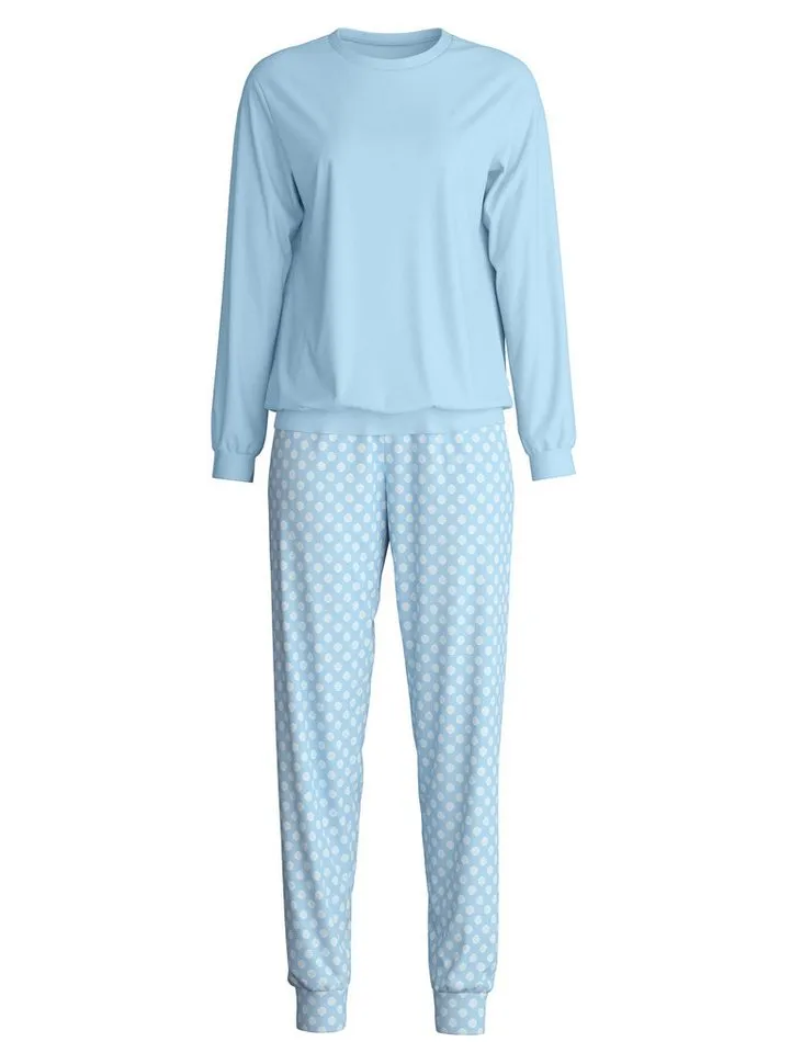 CALIDA CALIDA Schlafanzug Lovely Nights (2 tlg) Oberteil uni, Hose gestreift, Rundhalsausschnitt, weich, Langarm, Blau, – Produktbild 2 von 5