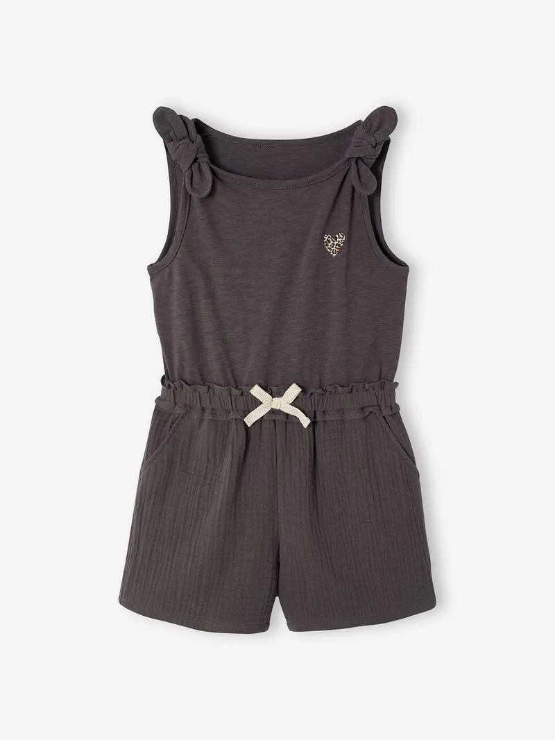 Vertbaudet Kurzer Mädchen Jumpsuit aus Materialmix, Schiefergrau, – Produktbild 1 von 3