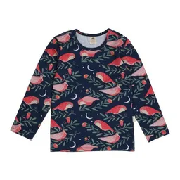 Walkiddy Kinder Langarmshirt GOTS-zertifiziert aus Bio-Baumwolle, dunkelblau mit pinken Vögeln – Walkiddy, weich & alltagstauglich – Produktbild 1 von 1