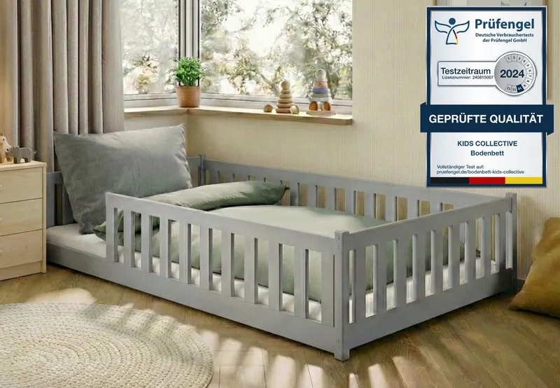 Kids Collective Kinderbett Bodenbett Bett mit Rausfallschutz & Lattenrost Montessori Bett Kinder (Jungen, Mädchen, Kinder, weitere Größen 80x160, 80x180, 90x190, 90x200, 140x200 cm), Jugendbett Gitterbett Einzelbett, Aschgrau Kiefer 120x200 cm, Grau, – Produktbild 2 von 5