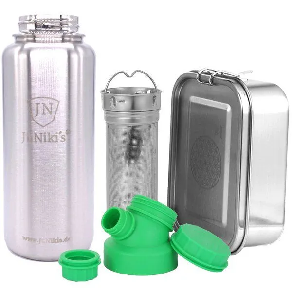 JN JuNiki's JN JuNiki's Set "Blume des Lebens": Lunchbox + 1 Liter Edelstahltrinkflasche + Teefilter, Grün, – Produktbild 1 von 4