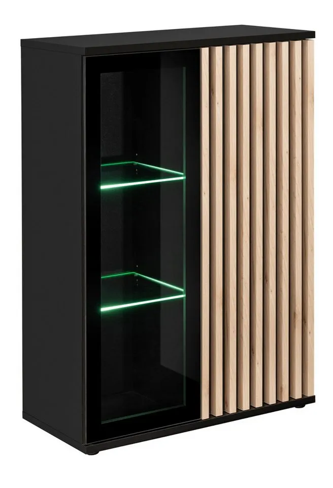 Furn.Design Vitrine Morgan (Hohe Kommode in Schwarz mit Eiche Lamellen, 80 x 118 cm) Push-to-Open-Funktion, inklusive Beleuchtung, Schwarz, – Produktbild 5 von 5