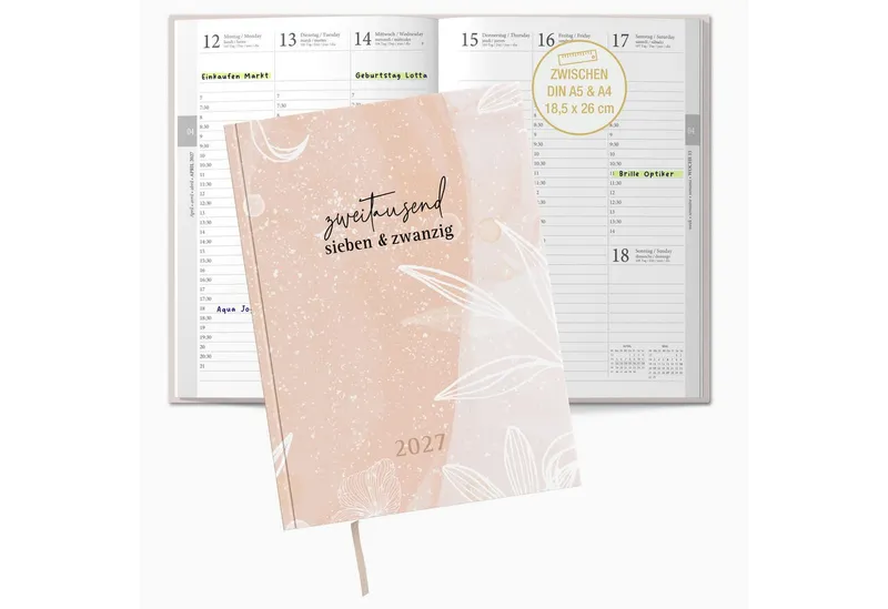 TOBJA Buchkalender Buchkalender 2027 Wochenplaner rosa Aquarell OptiPlaner Rosé FSC, Aquarell-Design altrosa, 30-Min-Taktung, 18,5x26 cm, FSC, 4-sprachig – Produktbild 1 von 4