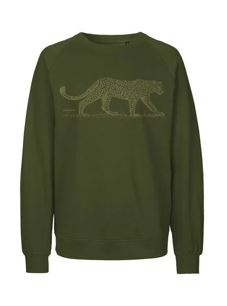 Peaces.bio - handbedruckte Biomode Peaces.bio - handbedruckte Biomode Bio Damen Sweatshirt Loose Fit Leopard, Waldgrün, – Produktbild 1 von 2