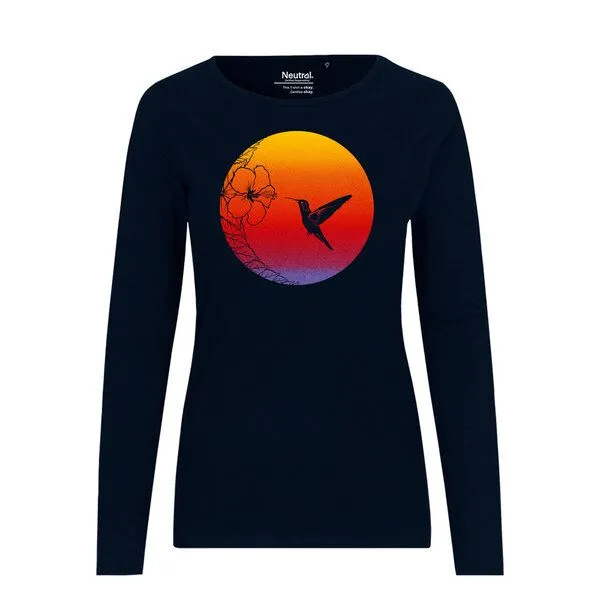 HANDGEDRUCKT HANDGEDRUCKT "Kolibri" Frauen Longsleeve aus reiner Biobaumwolle (kbA), Navy blue, – Produktbild 1 von 3