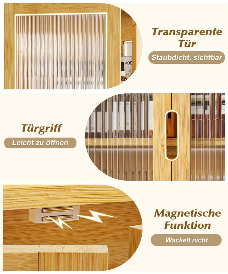 Yorbay Hängeschrank Bambus Badezimmerschrank (59x22x66 cm, Magnetverschluss & verstellbare Regale) Wandschrank mit Doppeltüren, Bambus, – Produktbild 4 von 5