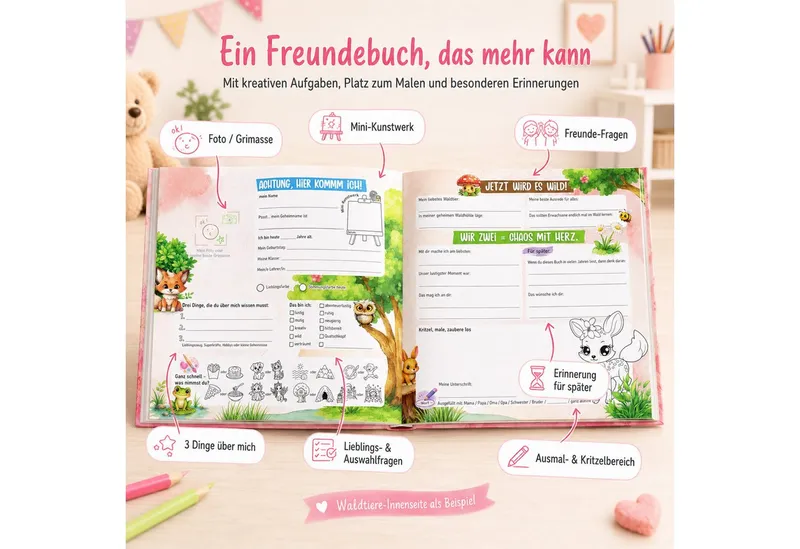 TOBJA Poesiealbum Freundebuch Grundschule Einhorn 21x21 cm - 32 Freunde, 9 Erwachsene, Einhorn-Motiv, 92 Seiten, 30 Doppelseiten, FSC®-Papier – Produktbild 4 von 5