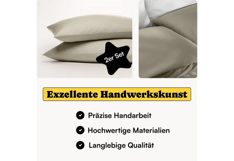 Seralino Kissenbezüge Mako Satin Kissenbezug (100% Bio Baumwolle) weich, hautfreundlich, (2 Stück), Fairtrade/ GOTS zertifizierte uni Kissenhülle mit Reißverschluss, Braun, – Produktbild 2 von 5