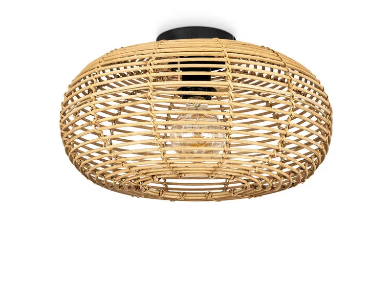 hofstein Deckenleuchte »Messerotti« runde Deckenlampe aus Bambus/Metall in Natur/Schwarz, ohne Leuchtmittel, Leuchte im Boho Design mit tollem Lichteffekt, Ø40cm, 1xE27, Beige, – Produktbild 2 von 5