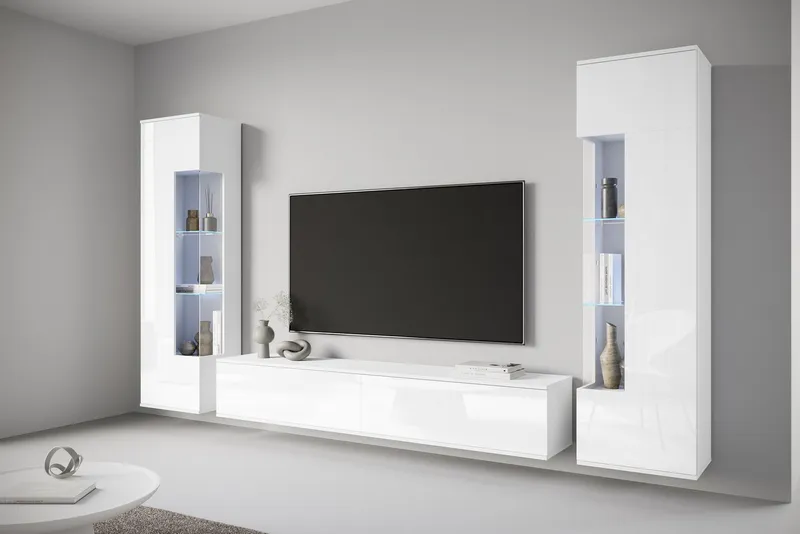 OTTO home Wohnwand Kenia, Vitrine Türanschlag links/rechts wechselbar, (3-St), Vitrinen mit Eckverglasung, hängend und stehend montierbar, Weiß, – Produktbild 2 von 4