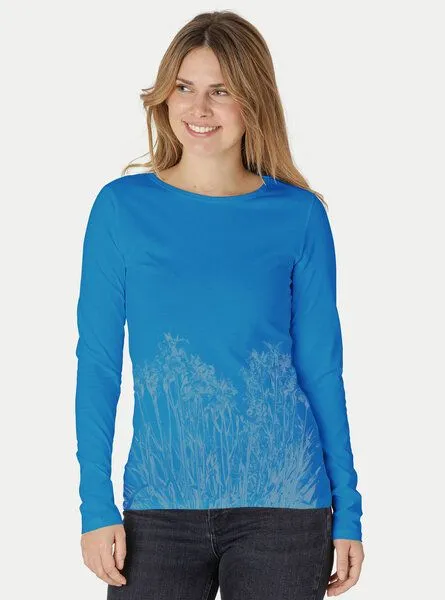 Peaces.bio - handbedruckte Biomode Peaces.bio - handbedruckte Biomode Langarmshirt Damen Mystic Iris, Türkis, – Produktbild 2 von 2