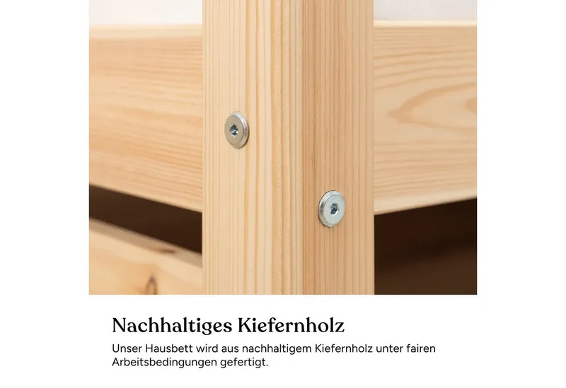Ehrenkind Hausbett Sona aus FSC®-zertifiziertem Kiefernholz, höhenverstellbar (90x200 cm mit Doppelschublade, inkl. Rollrost und abnehmbarem Rausfallschutz), 2-in-1 Bett – bodentief oder in Standardhöhe aufbaubar, Weiß, – Produktbild 5 von 5