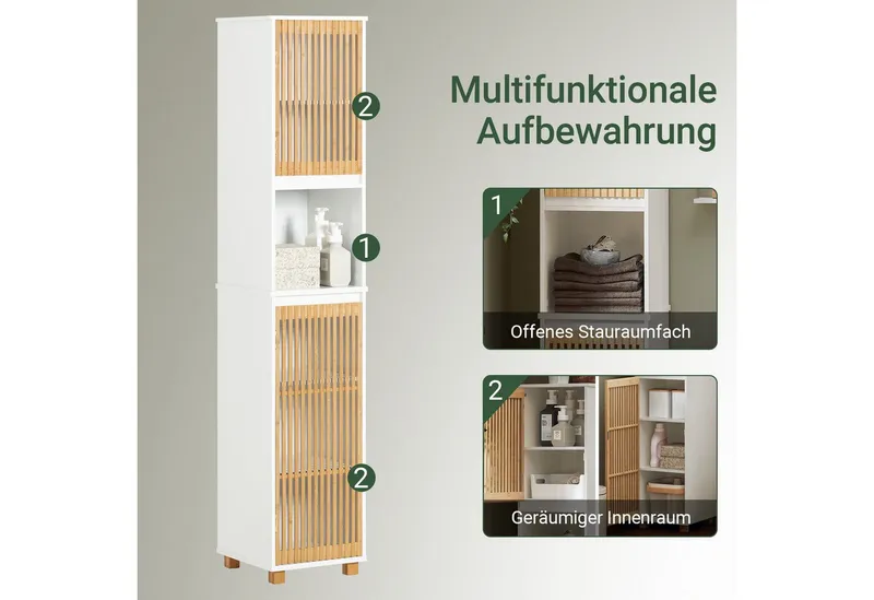 SoBuy Hochschrank BZR127, Badezimmerschrank schmal, Badregal Badschrank Badezimmermöbel Beistellschrank Badkommode, mit Bambustüren, verstellbaren Ablagen, Weiß, – Produktbild 5 von 5