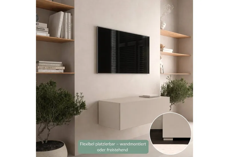Planetmöbel TV-Schrank West TV-Board, Fernsehtisch 100 cm lang, TV-Lowboard (für Fernseher bis 55 Zoll, TV Schrank viel Stauraum, 1-St., sideboard hängend, Fernsehschrank 100 x 30 x 37,5 cm) kaschmir, Beige, – Produktbild 5 von 5