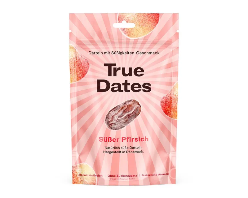 True Dates True Dates Sweet Peach 100g - Datteln mit Pfirsichgeschmack - Vegan - Frei von raffiniertem Zucker - Fruchtige Verführung - Süßer Genuss - Natürlich. – Produktbild 1 von 2