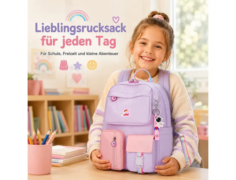 Diyarts Kinderrucksack, Trendiger Mädchenrucksack: Geräumig, Leicht und Robust, Lila, – Produktbild 5 von 5