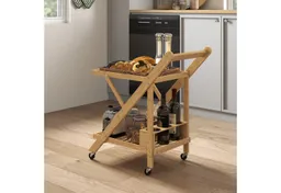 HOMCOM HOMCOM Servierwagen Küchenwagen mit 2 Ebenen, Rollwagen mit Weinregal, klappbar, (Rollwagen, 1 St., Küchenwagen), für Büro, Küche, Wohnzimmer, 66 x 40 x 70 cm, Bambus – Produktbild 1 von 1