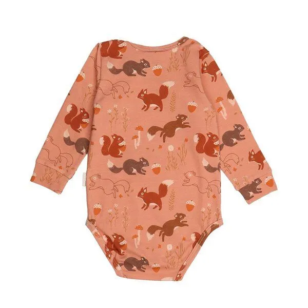 Walkiddy Walkiddy Baby Langarmbody GOTS zertifiziert, Bio-Baumwolle, terracotta, Eichhörnchen-Muster, weich, Druckknöpfe, Braun, – Produktbild 2 von 3